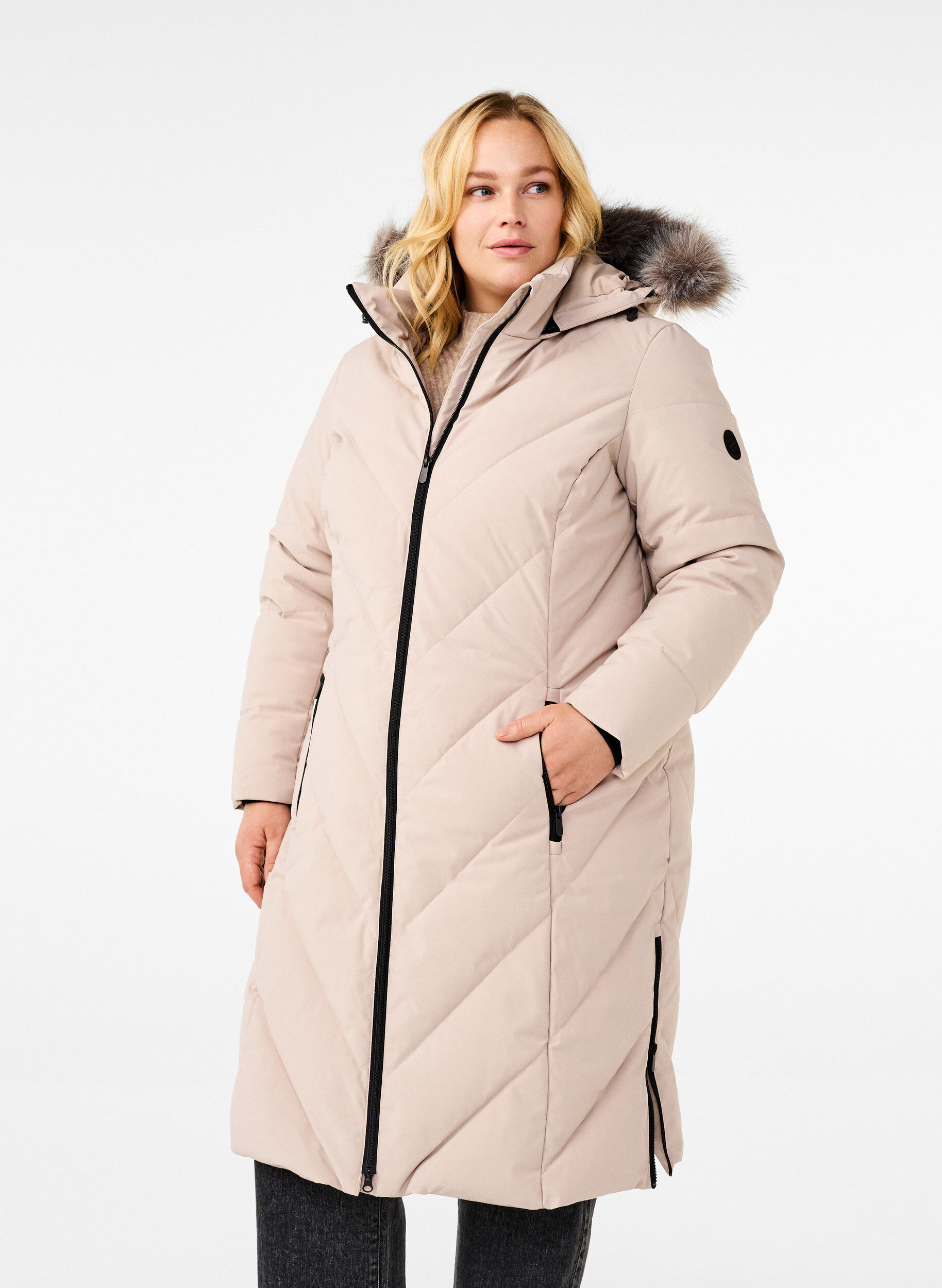 Long winter coat with hook fastenings and a faux fur collar, Beige, Model