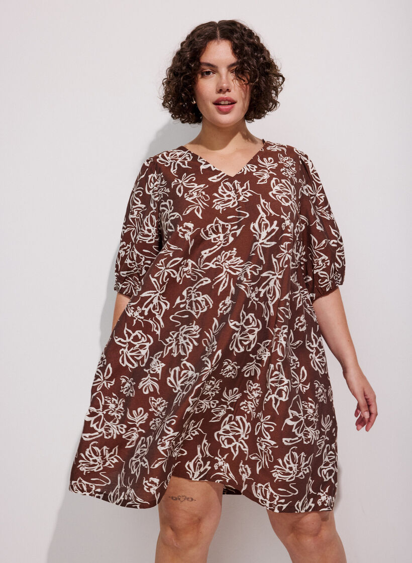 Short A-line dress with V-neck, Brown, Image image number 0
