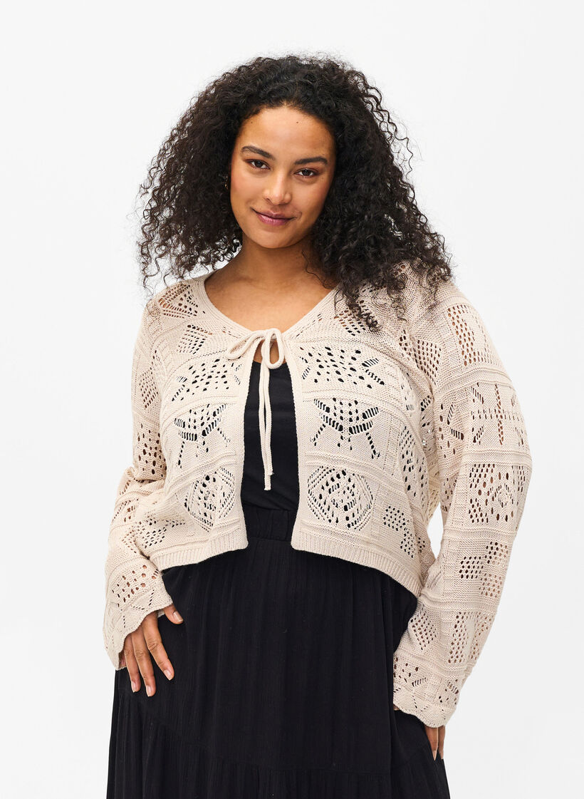 Knitted cardigan with drawstring, Pumice Stone, Model image number 0