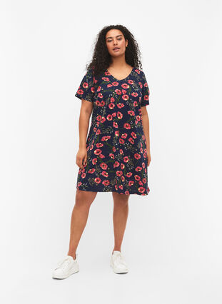 Short-sleeved cotton dress with floral print, Night sky Red flower, Model image number 1