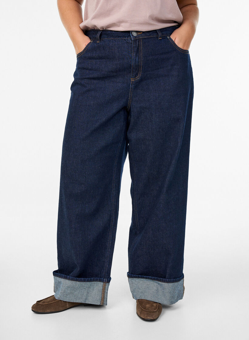 Straight fit jeans with wide legs and turn-ups, Blue, Model image number 2