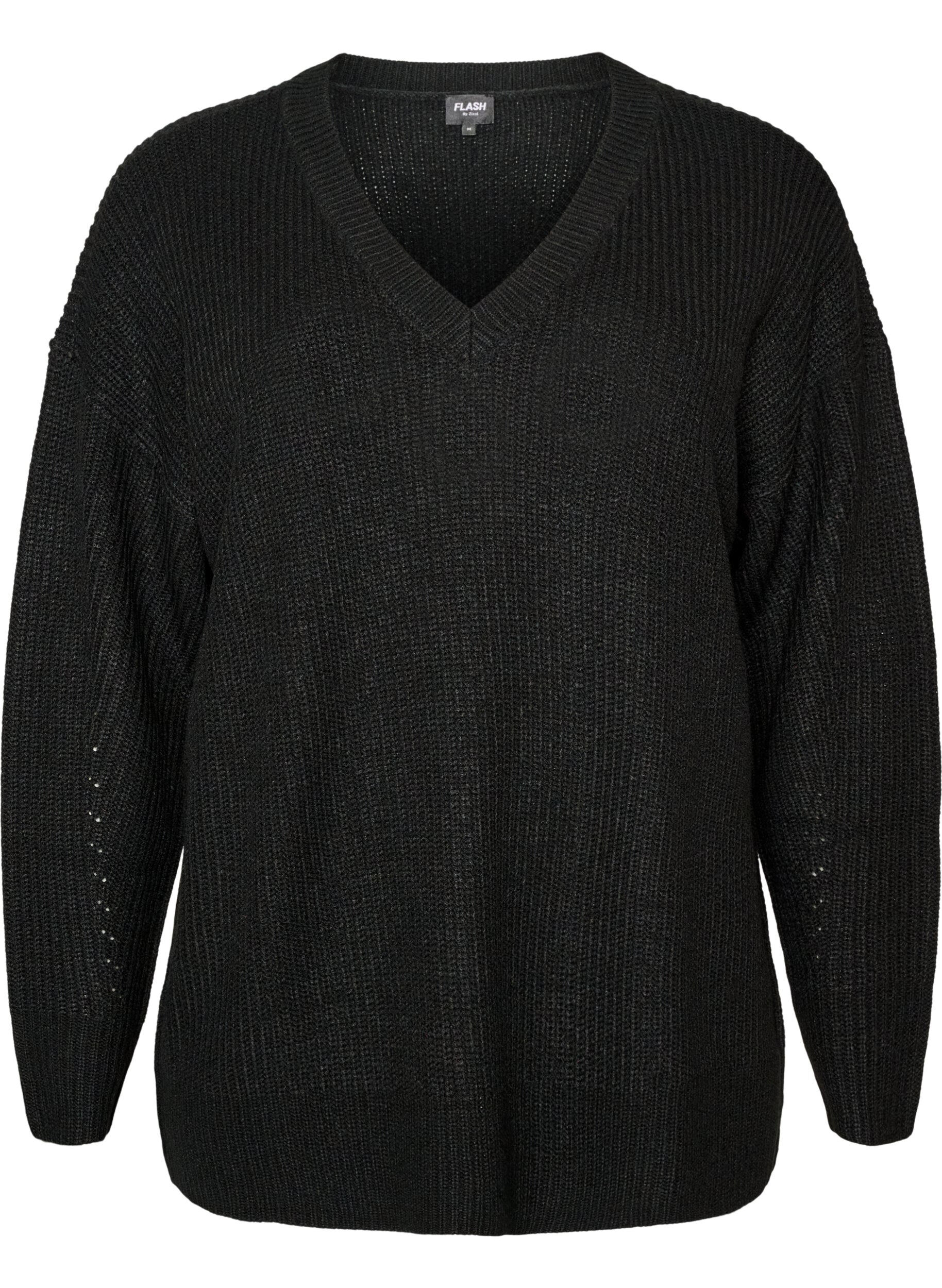 ZizzifashionLong rib-knit blouse with a V-neck, Black, Packshot image number 0