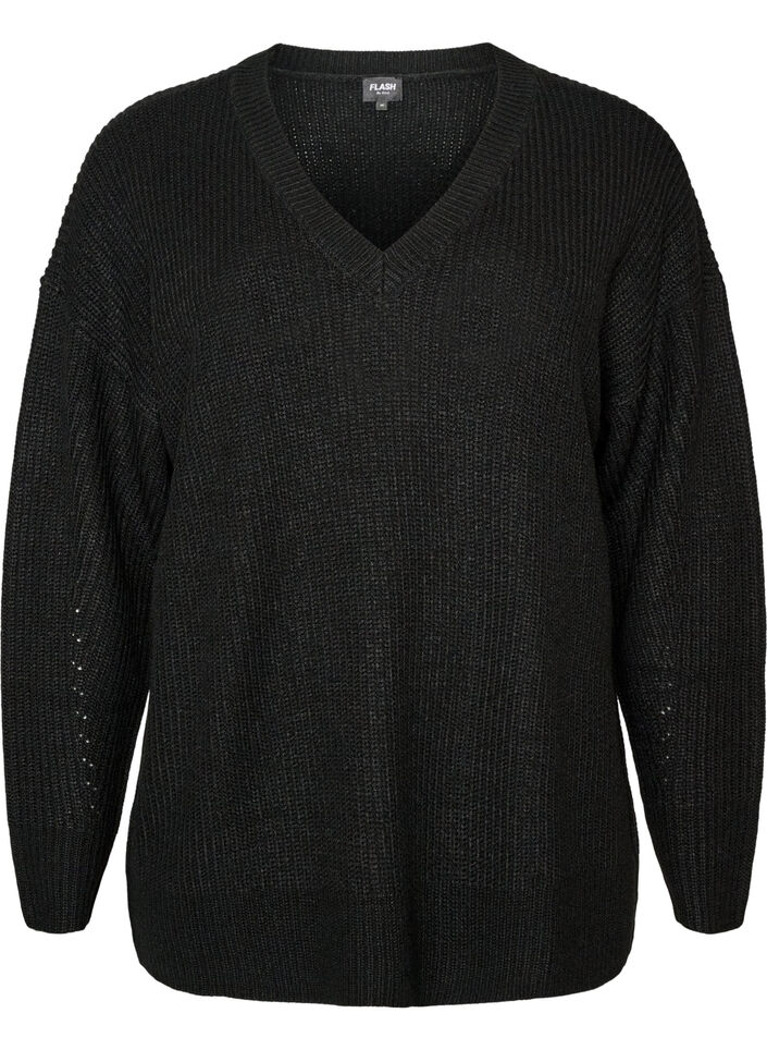 Long rib-knit blouse with a V-neck, Black, Packshot image number 0
