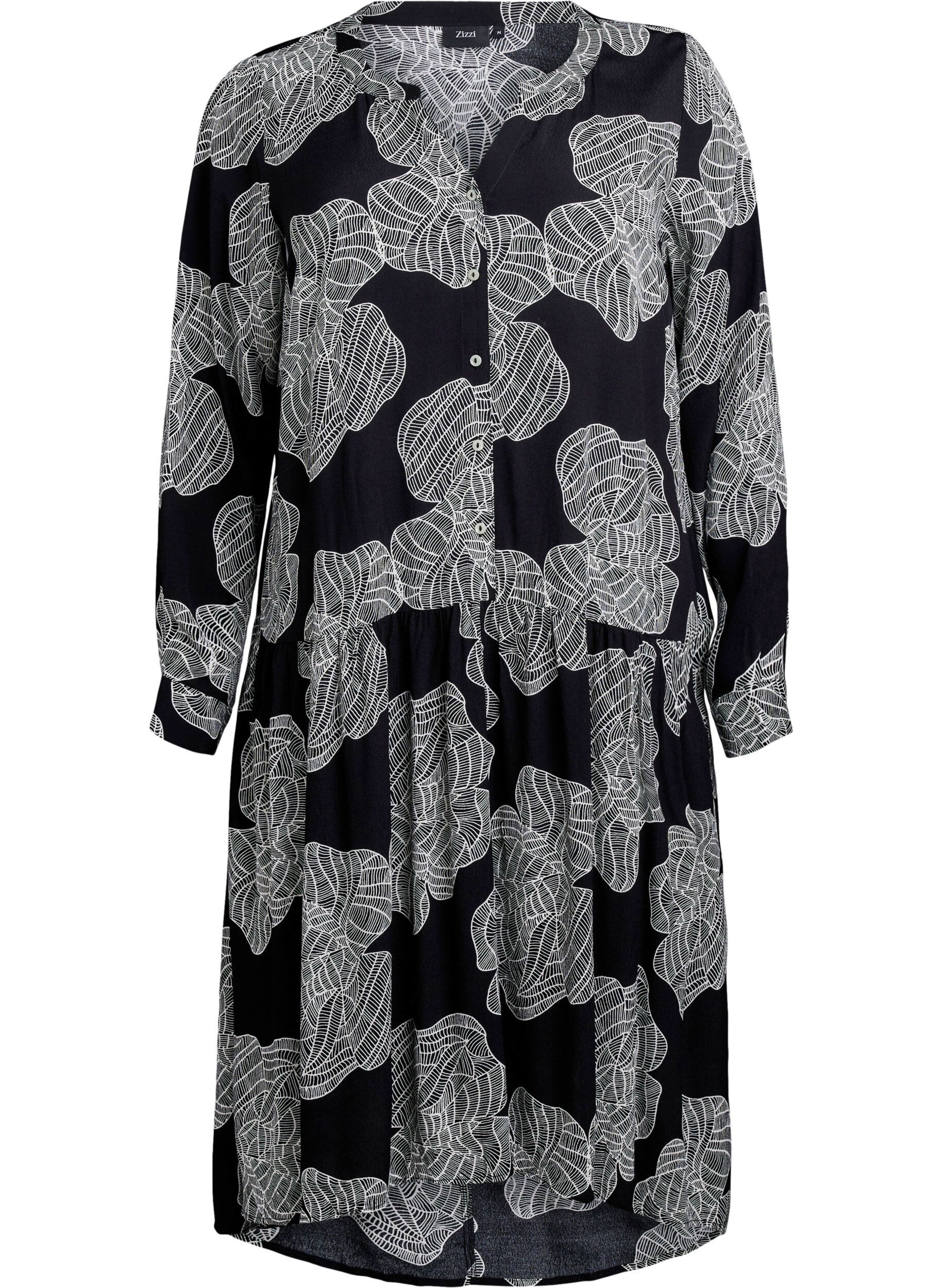 Zizzifashion Printed viscose midi dress with long sleeves, Black, Packshot image number 0