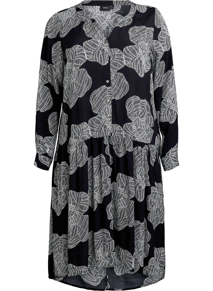 Printed viscose midi dress with long sleeves, Black, Packshot image number 0