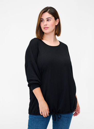 Ribbed fabric blouse with drawstring, Black, Model image number 0