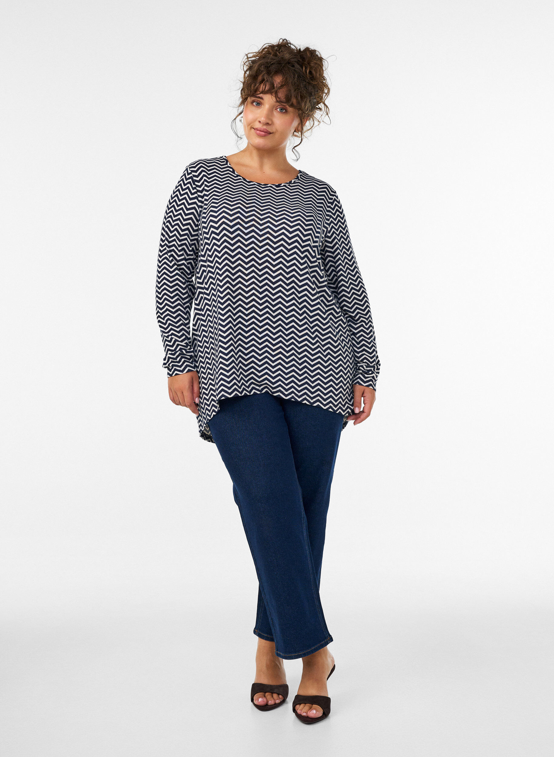 ZizzifashionPatterned blouse with long sleeves, Blue, Model image number 1