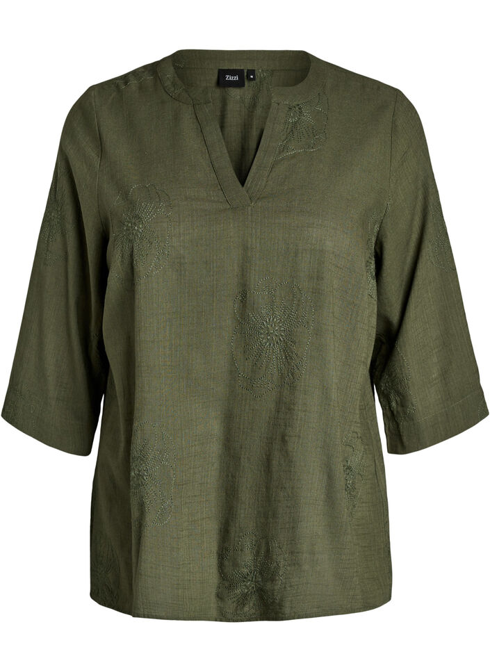 Cotton blouse with embroidered details and 3/4 sleeves, Green, Packshot image number 0