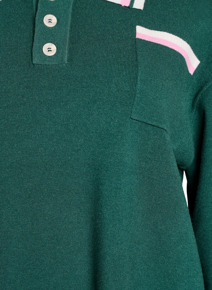Knit blouse with polo collar and contrast stripes, Green, Packshot image number 2