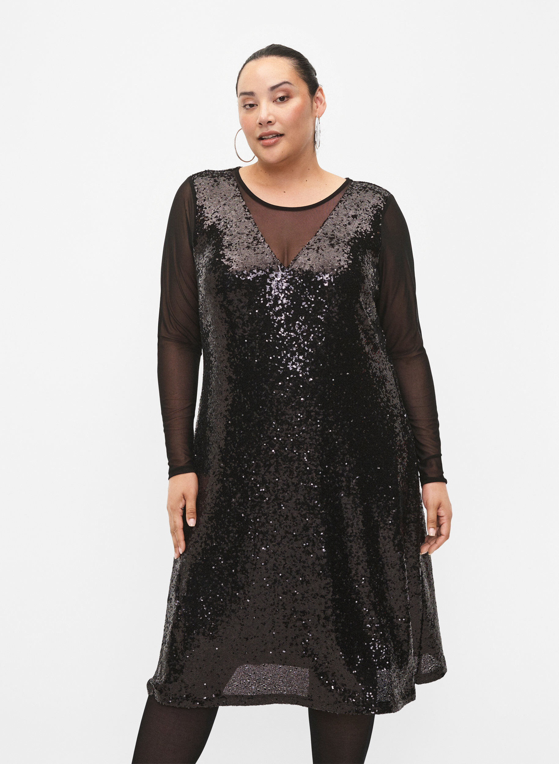 Zizzifashion A-line sequin dress with long sleeves, Black, Model image number 0