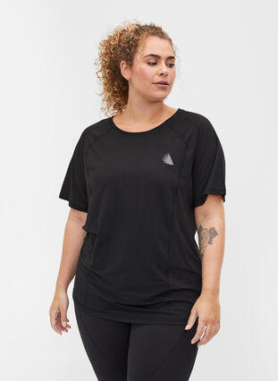 Reflective, solid-coloured exercise t-shirt, Black, Model image number 0