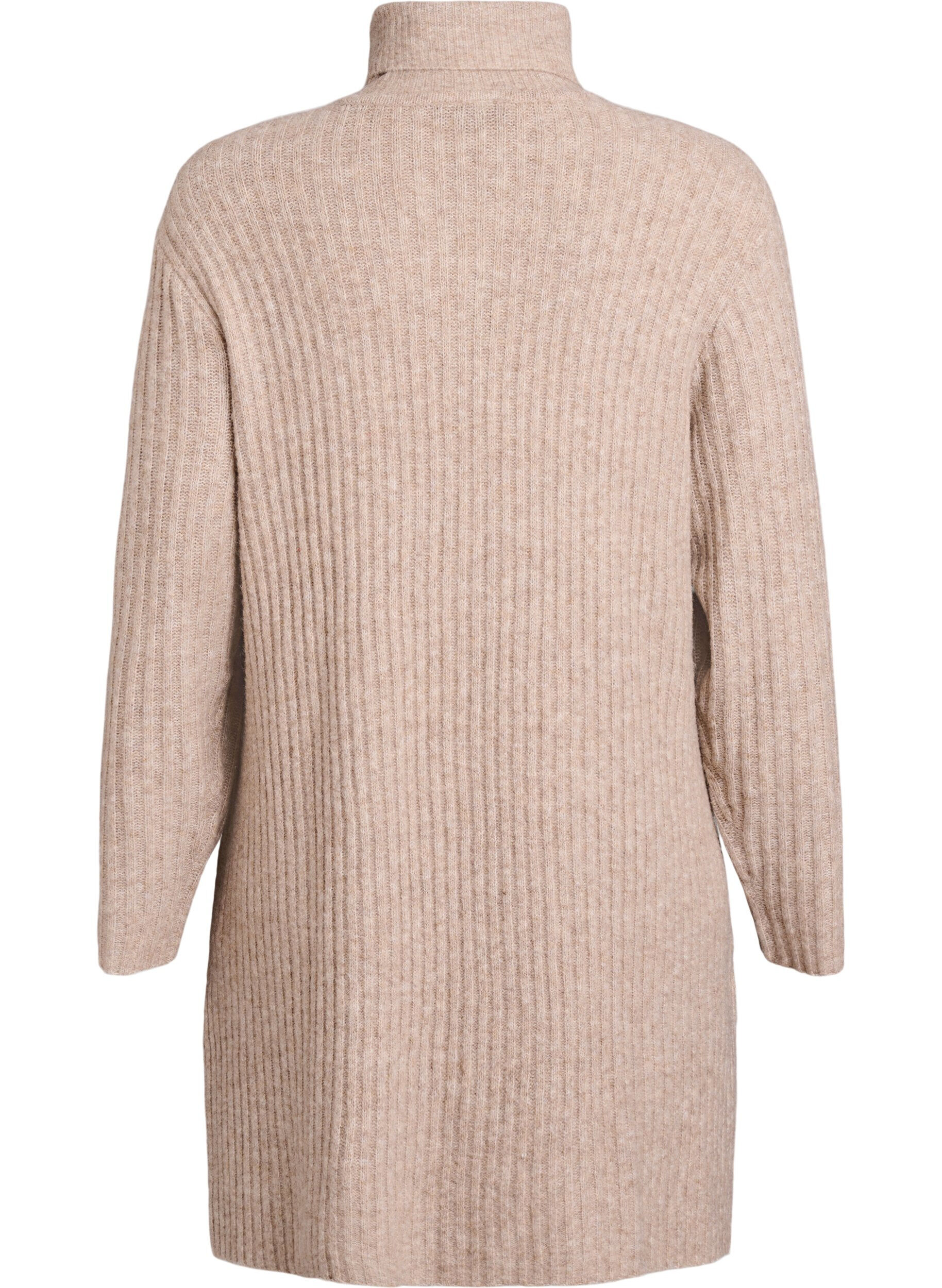 Zizzifashion Short knitted dress with a turtleneck and ribbed texture, Beige, Packshot image number 1