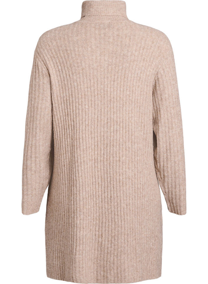 Short knitted dress with a turtleneck and ribbed texture, Beige, Packshot image number 1