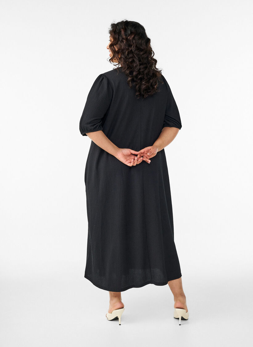 Midi dress with V-neck and texture, Black, Model image number 1