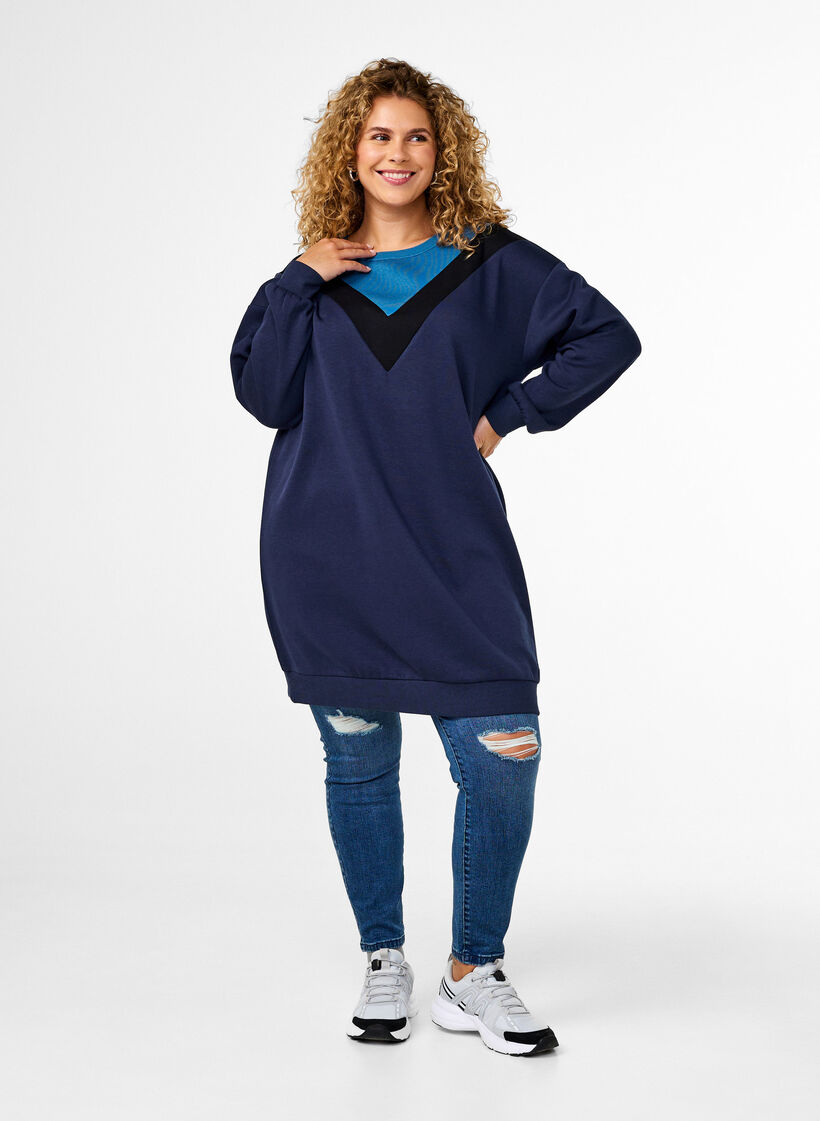 Long sweatshirt with colourblock, Navy B. Color Block, Model image number 2