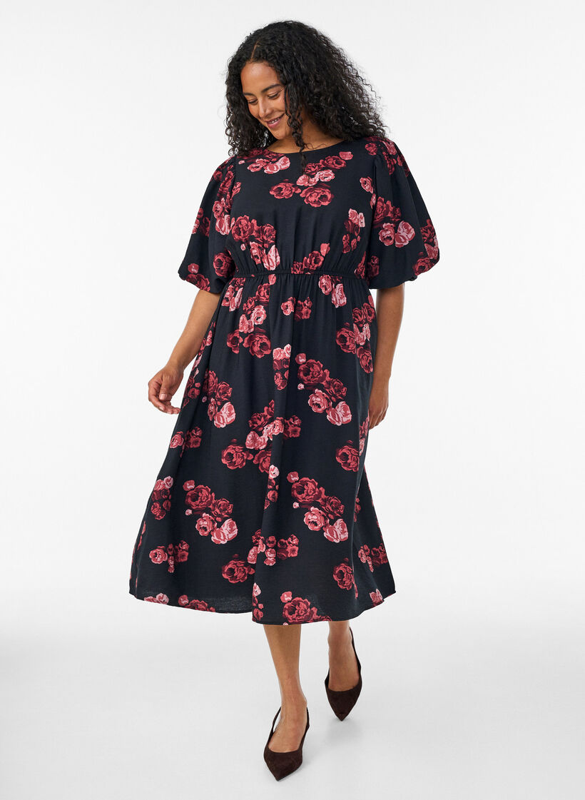 Midi dress with rose print and short balloon sleeves, Black, Model image number 0