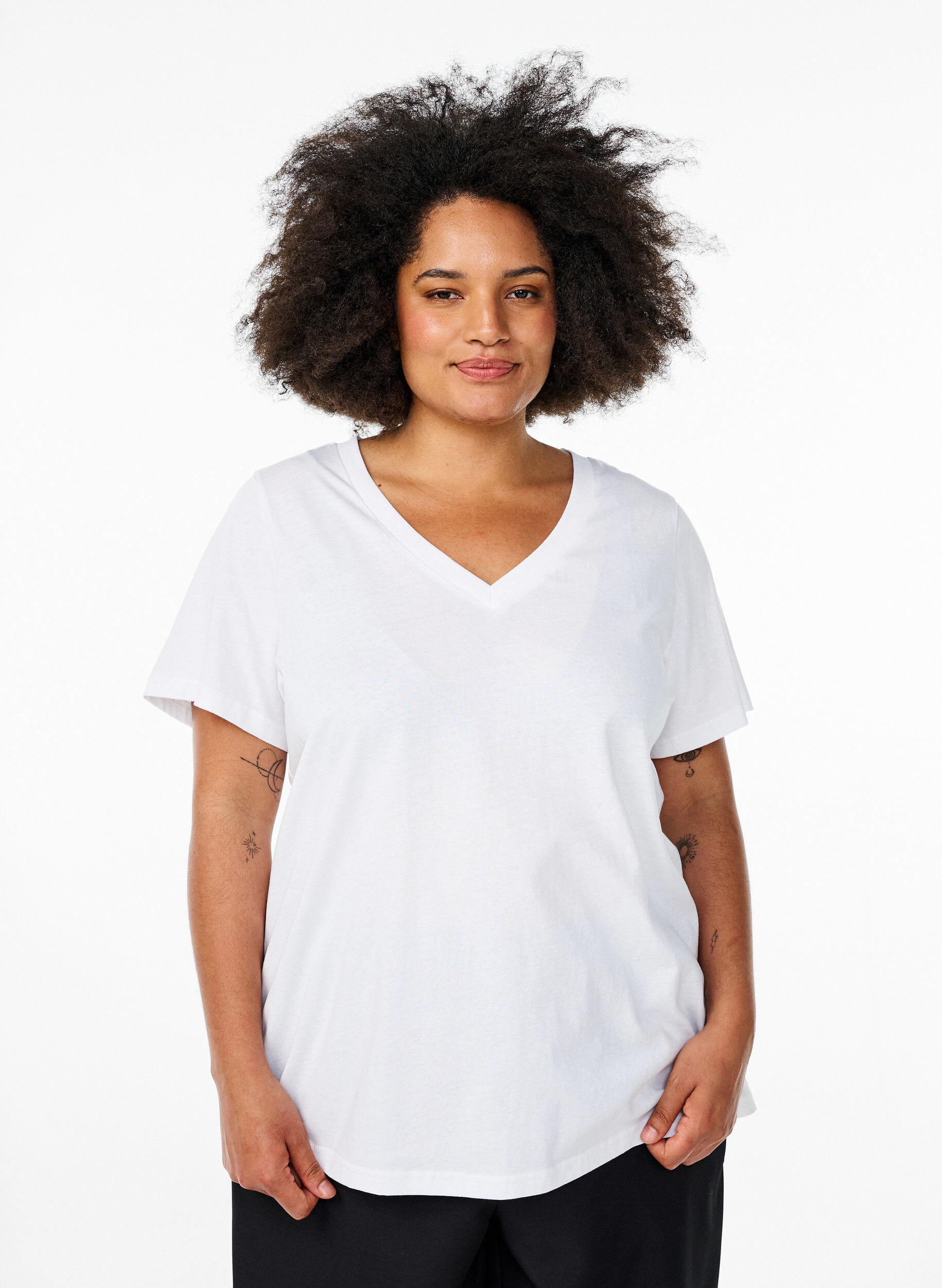 Basic cotton T-shirt with a V-neck, White, Model