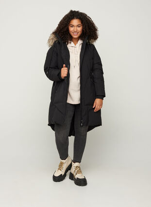 Winter coat with a hood and faux fur trim , Black, Model image number 3