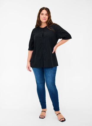 Shirt blouse with broderie anglaise, Black, Model image number 3