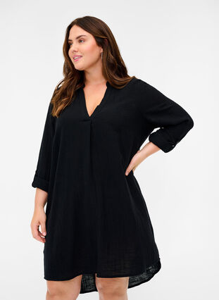 Cotton tunic with a v-neck, Black, Model image number 0