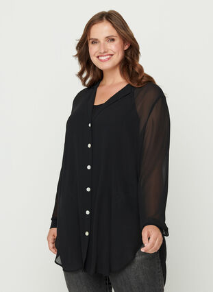 Long-sleeved tunic with buttons, Black, Model image number 0