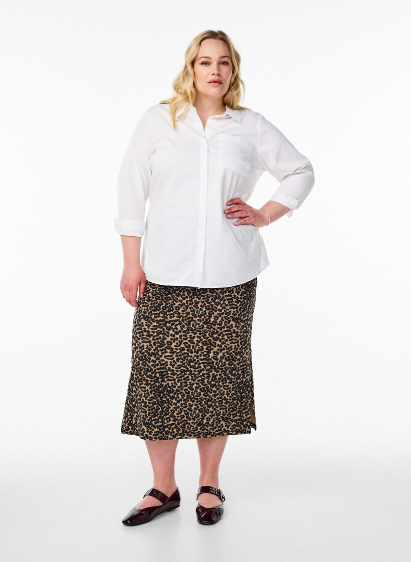 Midi skirt with slit and leopard print, Brown, Model image number 0