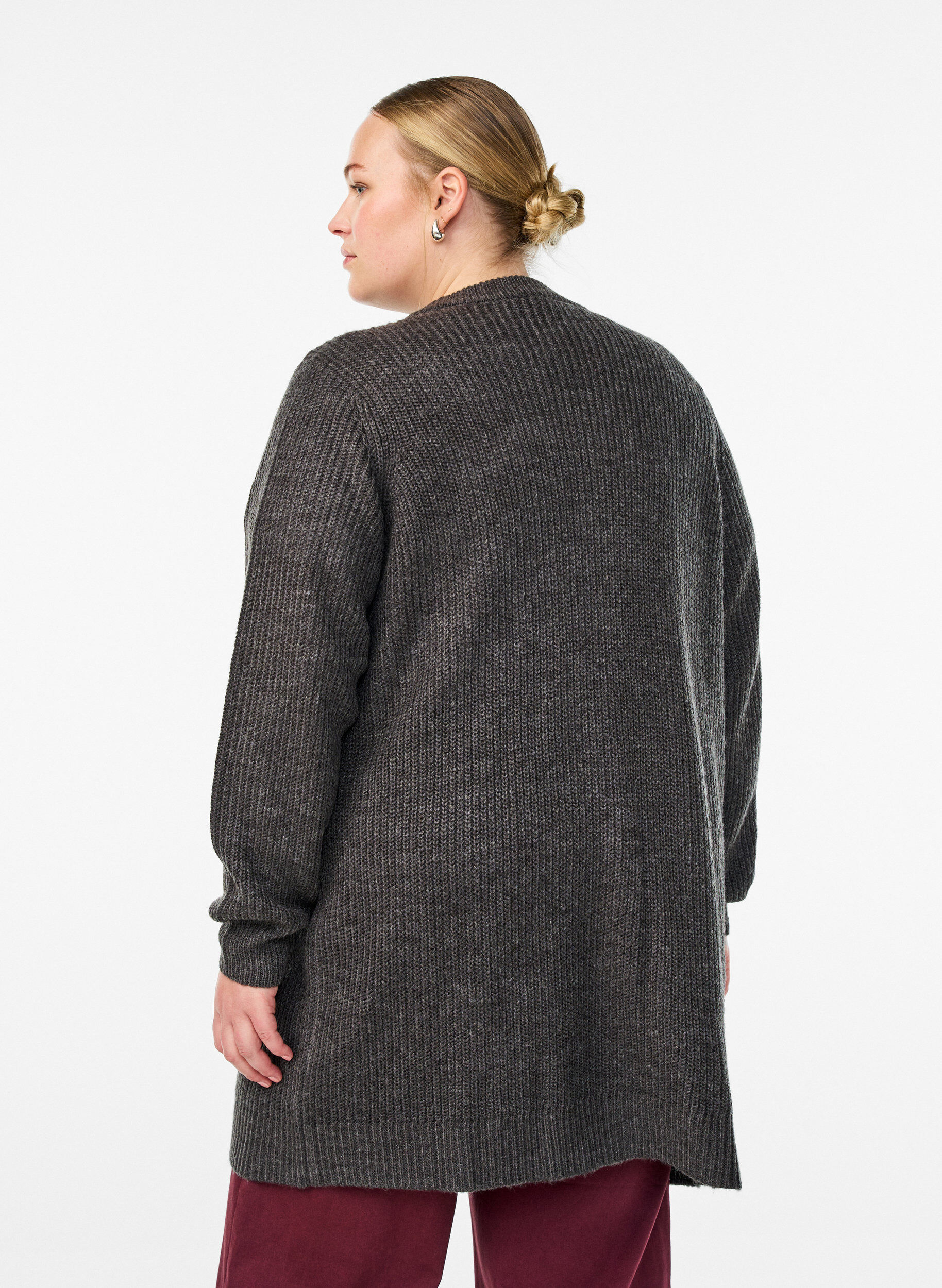 Zizzifashion FLASH - Long rib knit cardigan with pockets, Dark Grey, Model image number 2