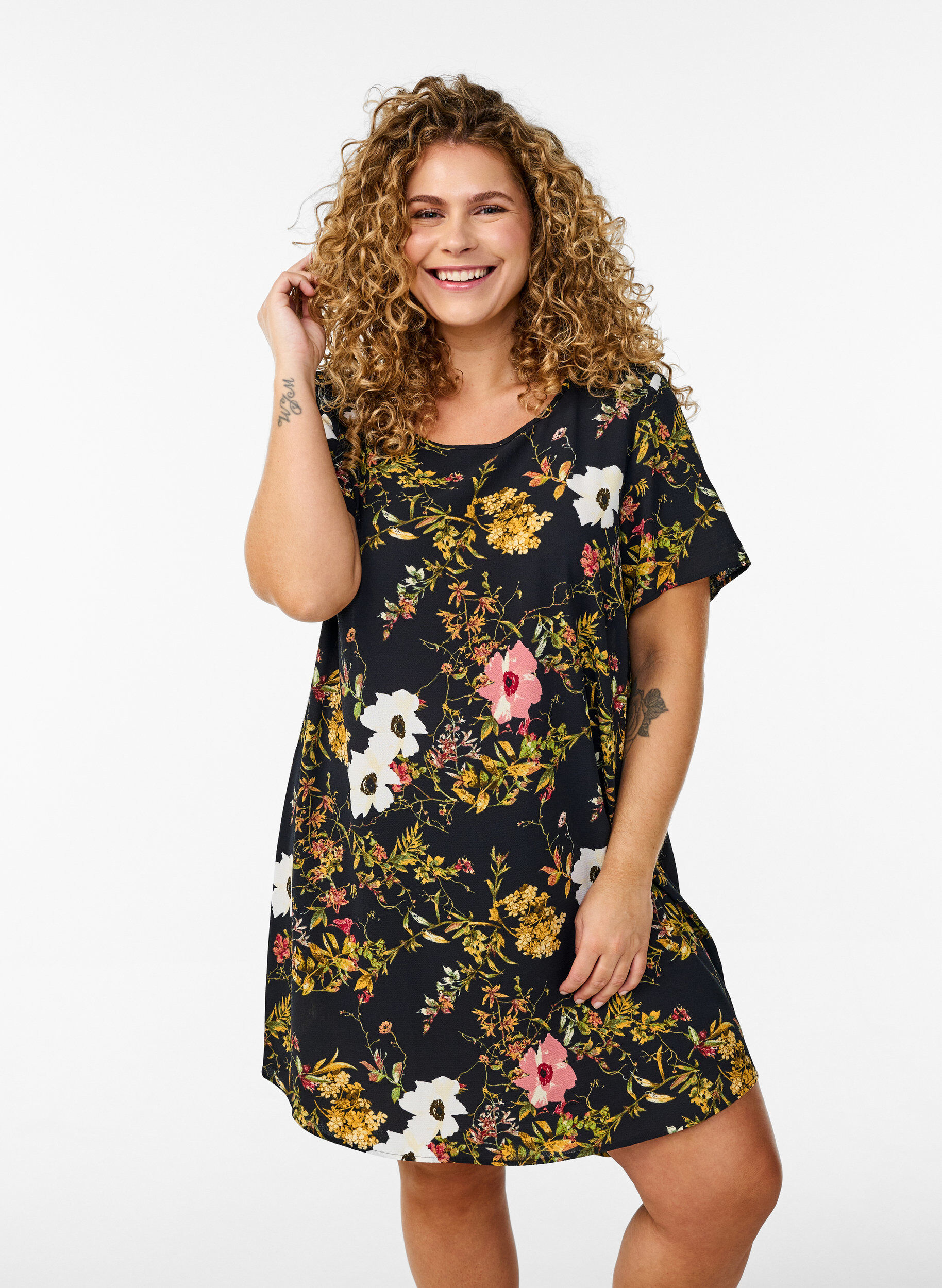 Zizzifashion Dress with print and short sleeves, Black, Model image number 0