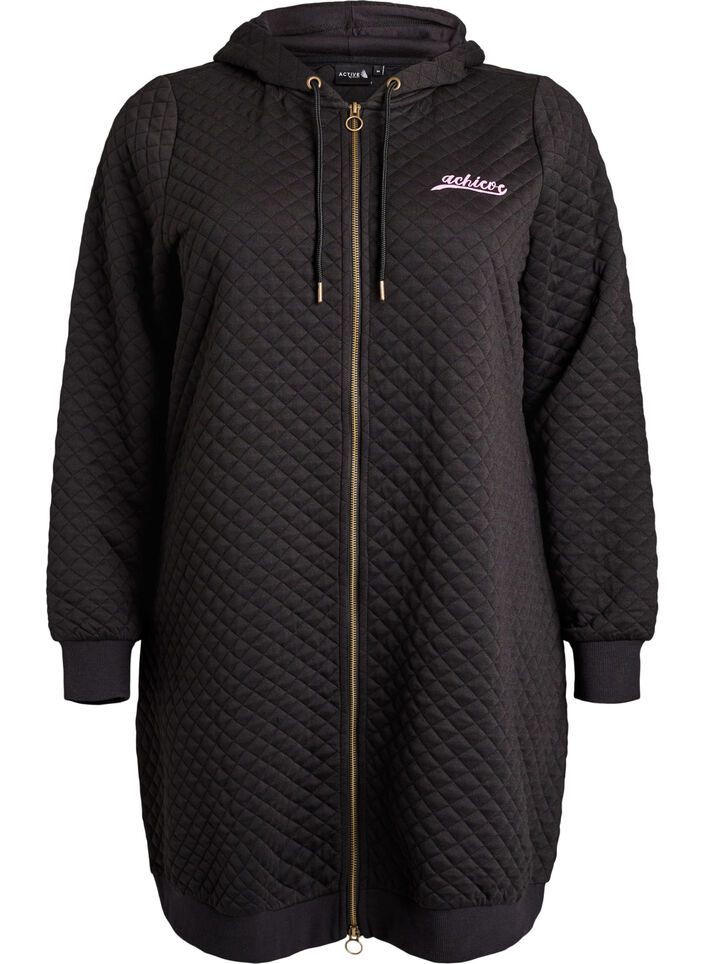 Long quilted sports cardigan with zip, Black, Packshot image number 0
