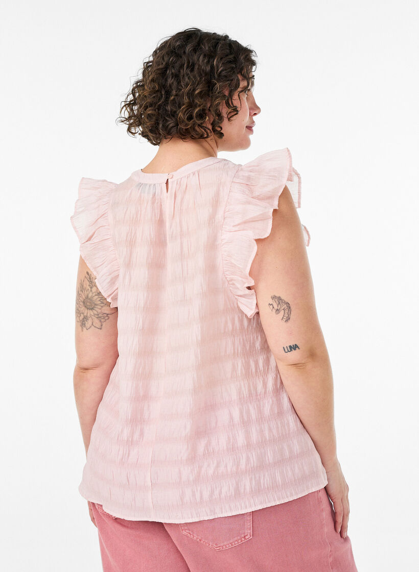 Sleeveless blouse with texture and ruffles, Rose, Model image number 2