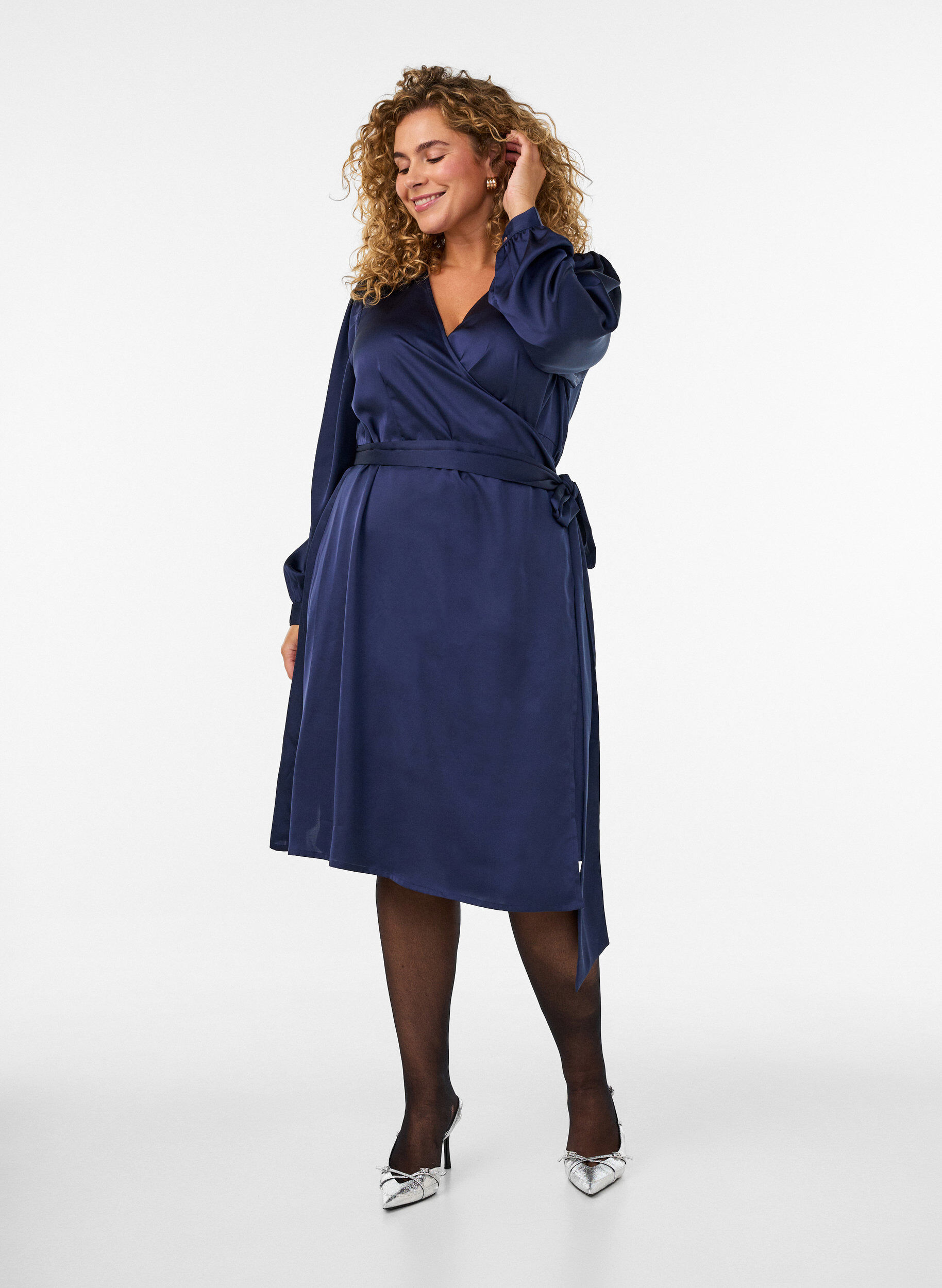 ZizzifashionShort satin dress with wrap design, Blue, Model image number 1