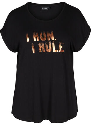 Exercise T-shirt in a viscose blend with print, Black I Run, Packshot image number 0