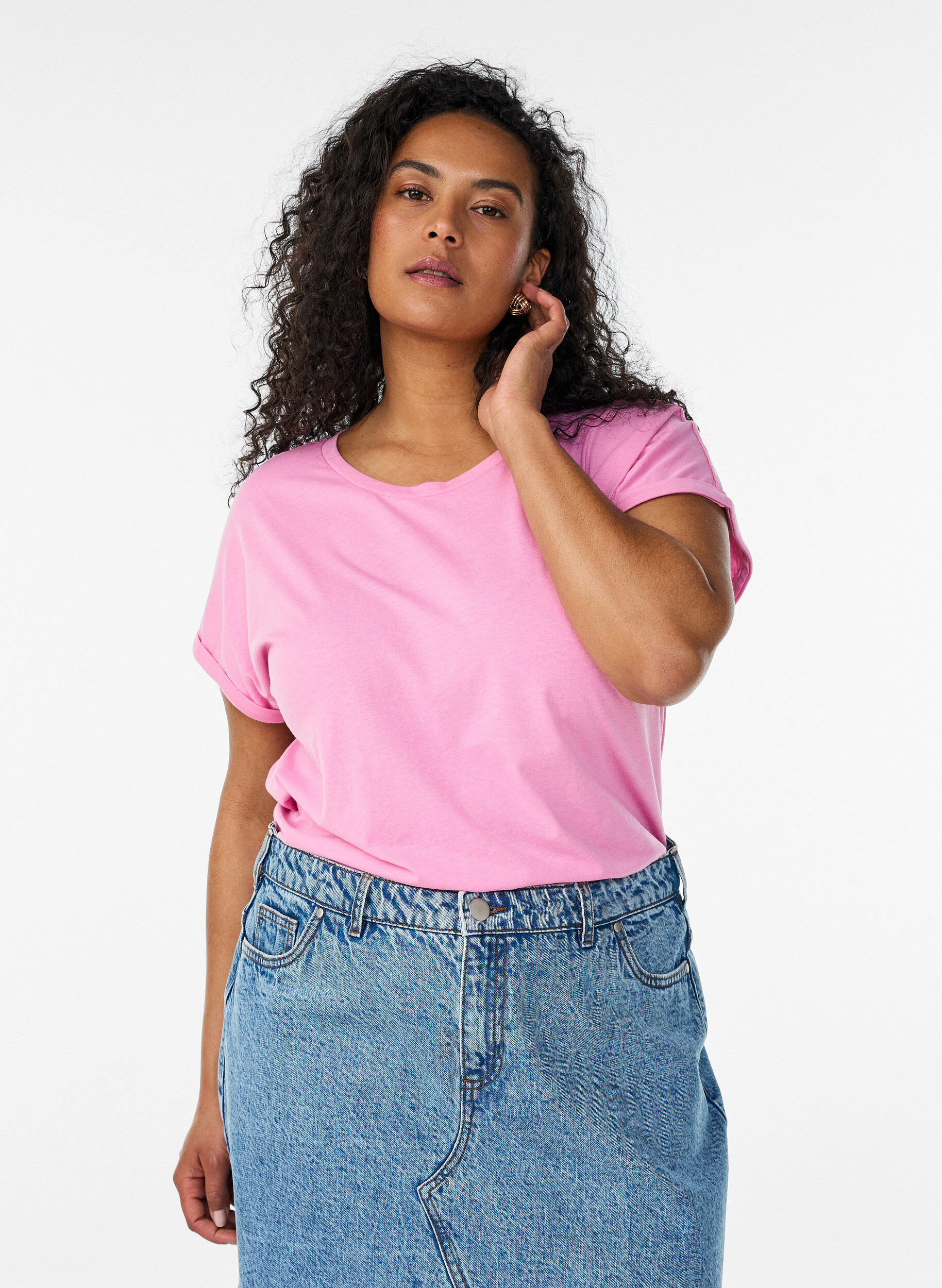 Short sleeved cotton blend t-shirt, Pink, Model