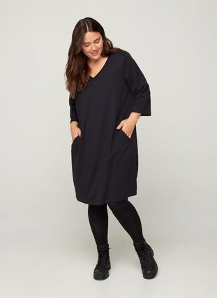 Dress with a V-neck and 3/4 length sleeves, Black, Model image number 2