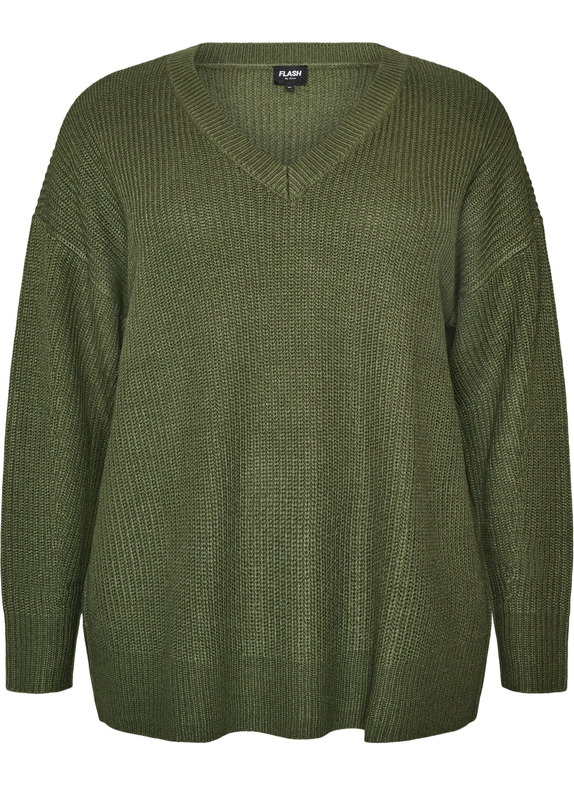 Long rib-knitted blouse with a V-neck