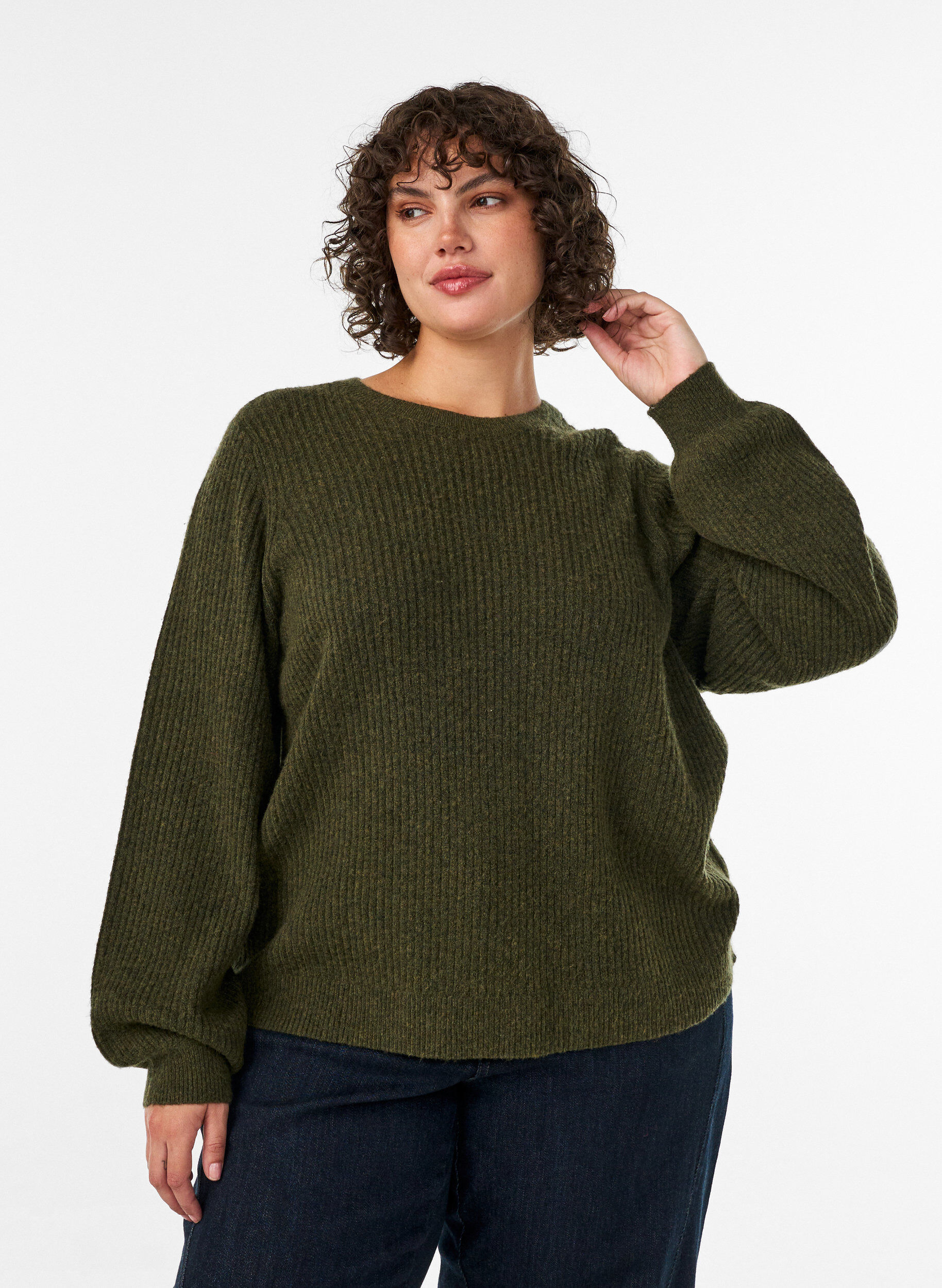 ZizzifashionRibbed jumper with balloon sleeves, Green, Model image number 0