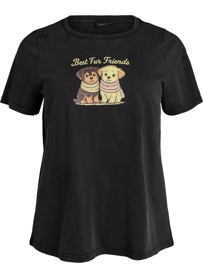 T-shirt with dog print and washed look, Dark Grey, Packshot image number 0