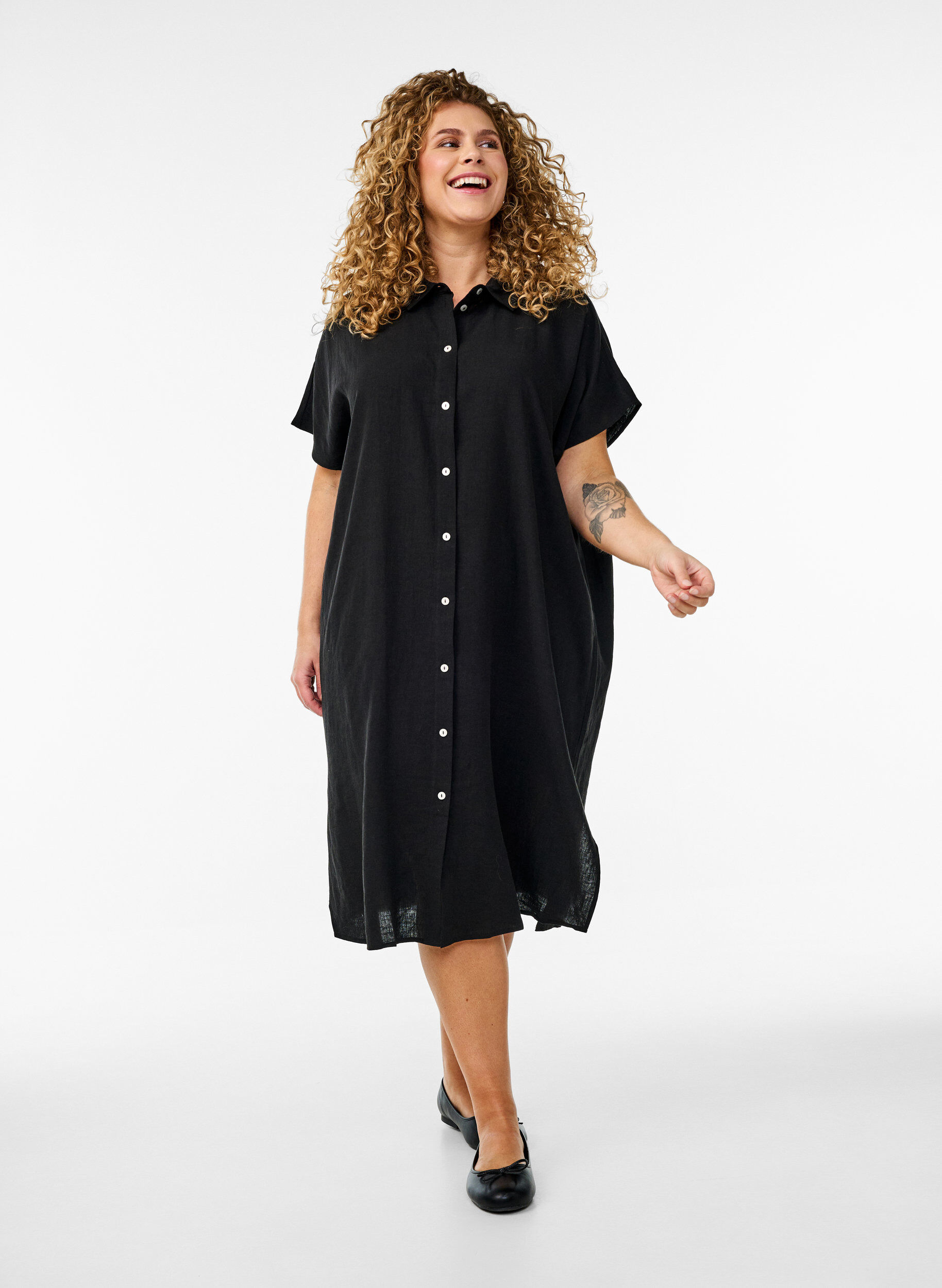 Zizzifashion Long shirt in viscose and linen, Black, Model image number 0