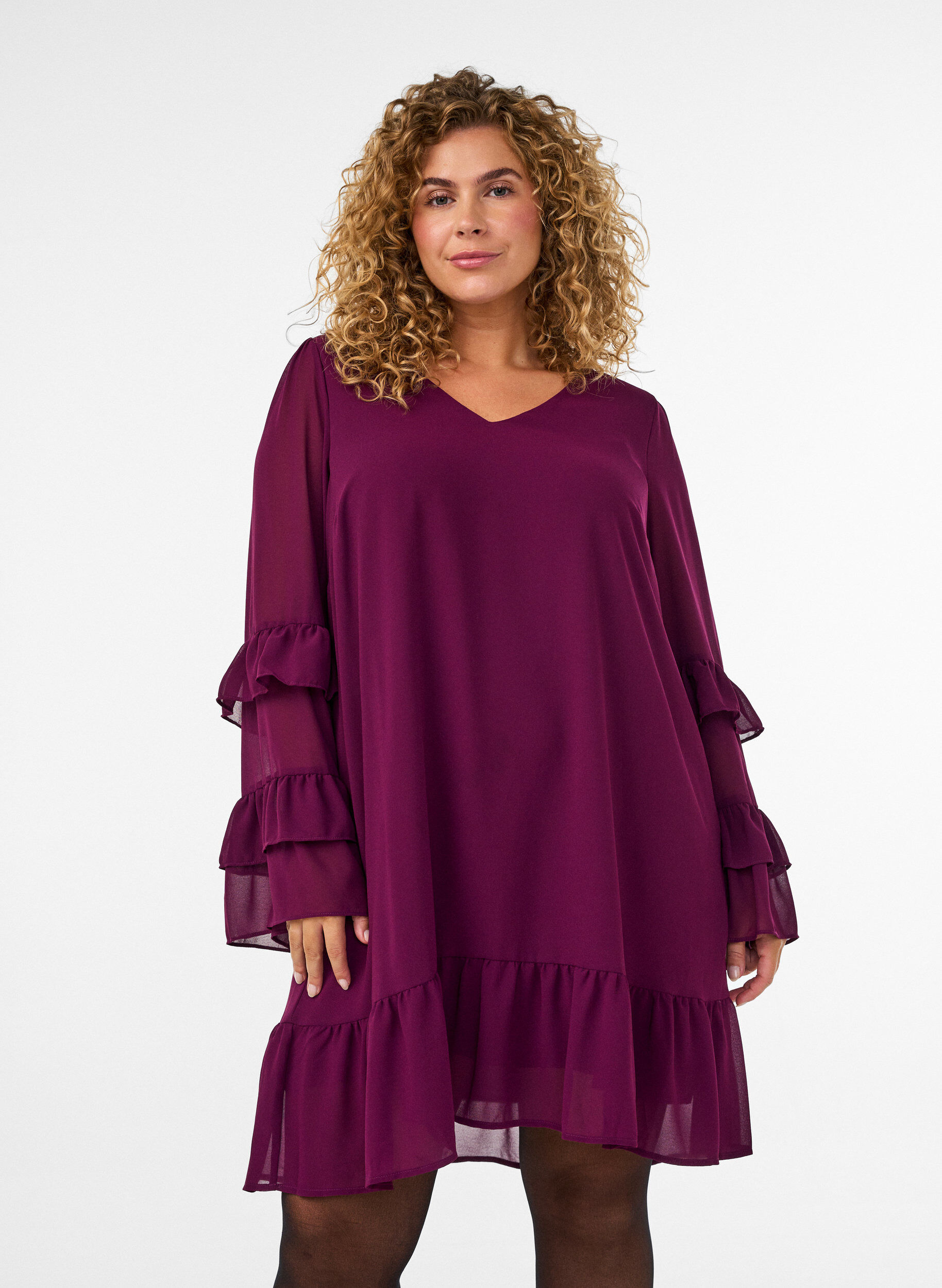 ZizzifashionShort dress with sheer ruffle sleeves, Purple, Model image number 0