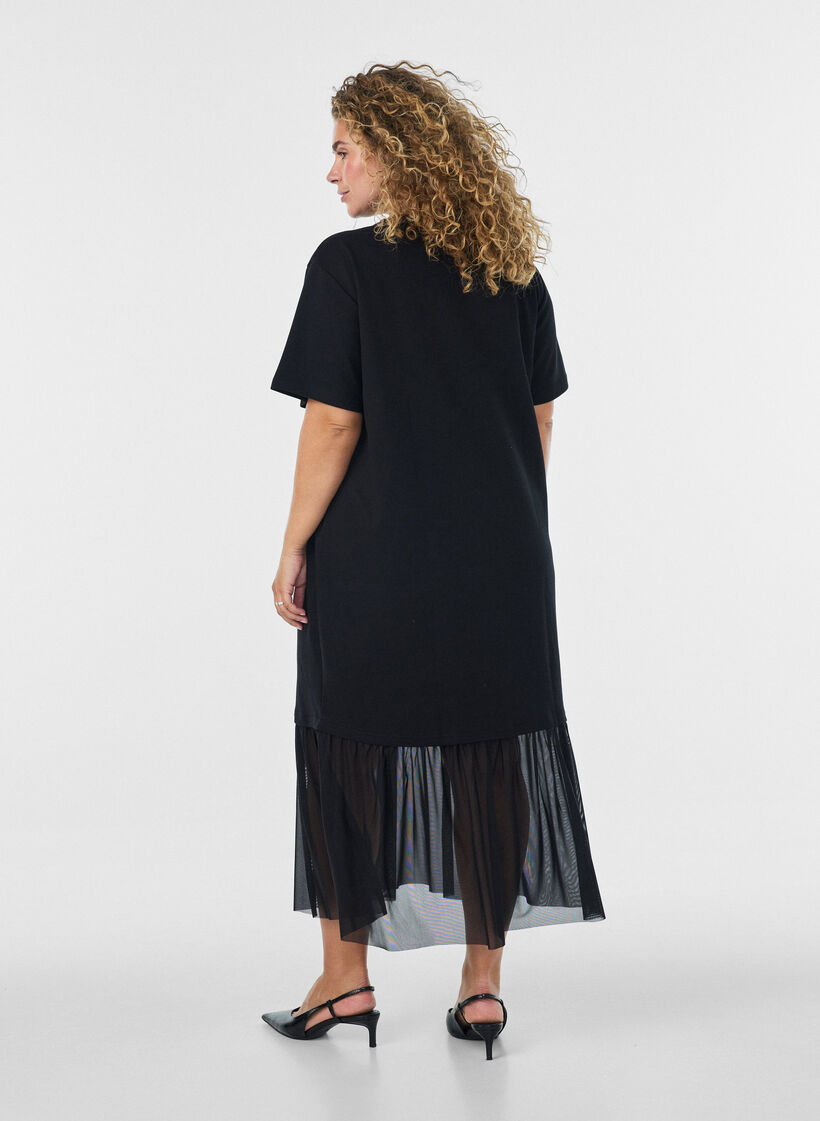 T-shirt dress with a sheer mesh hem, Black, Model image number 1