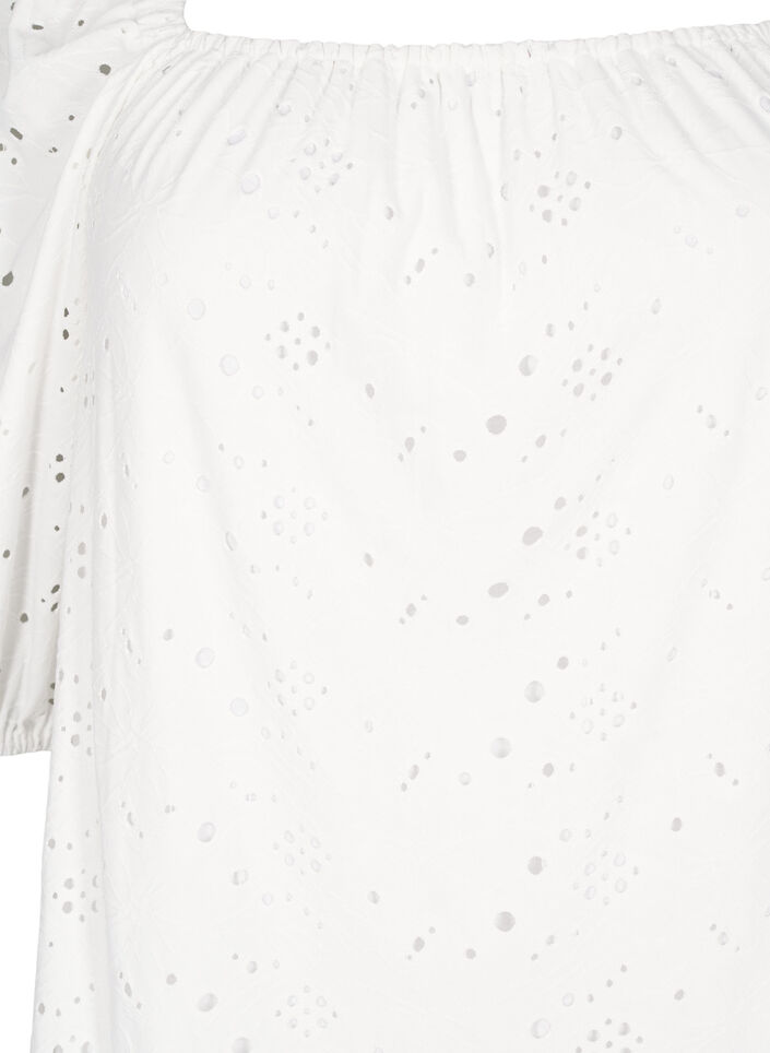 Blouse with short puff sleeves and an openwork pattern, White, Packshot image number 2