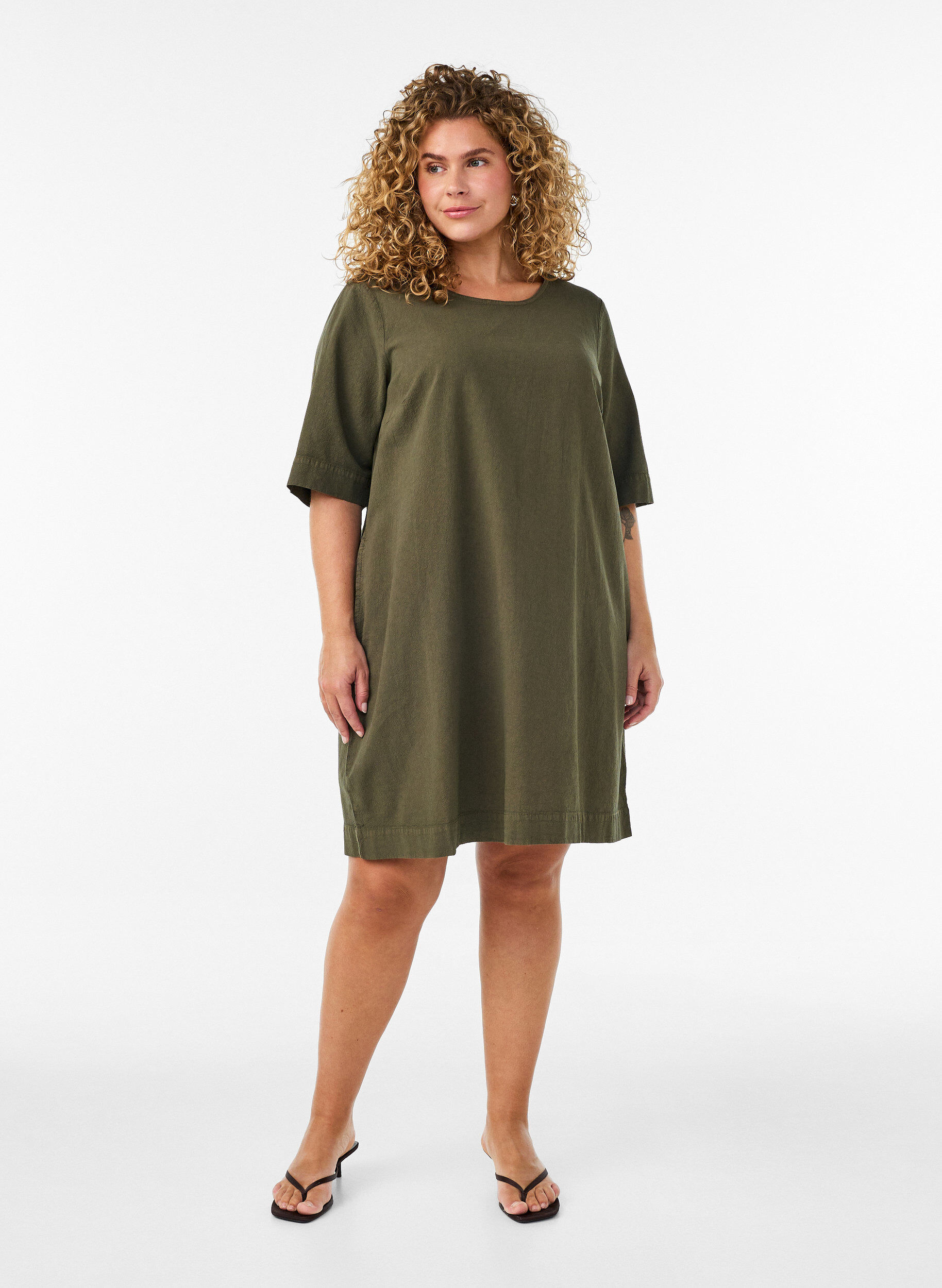 Zizzifashion Cotton dress with short sleeves and pockets, Green, Model image number 1