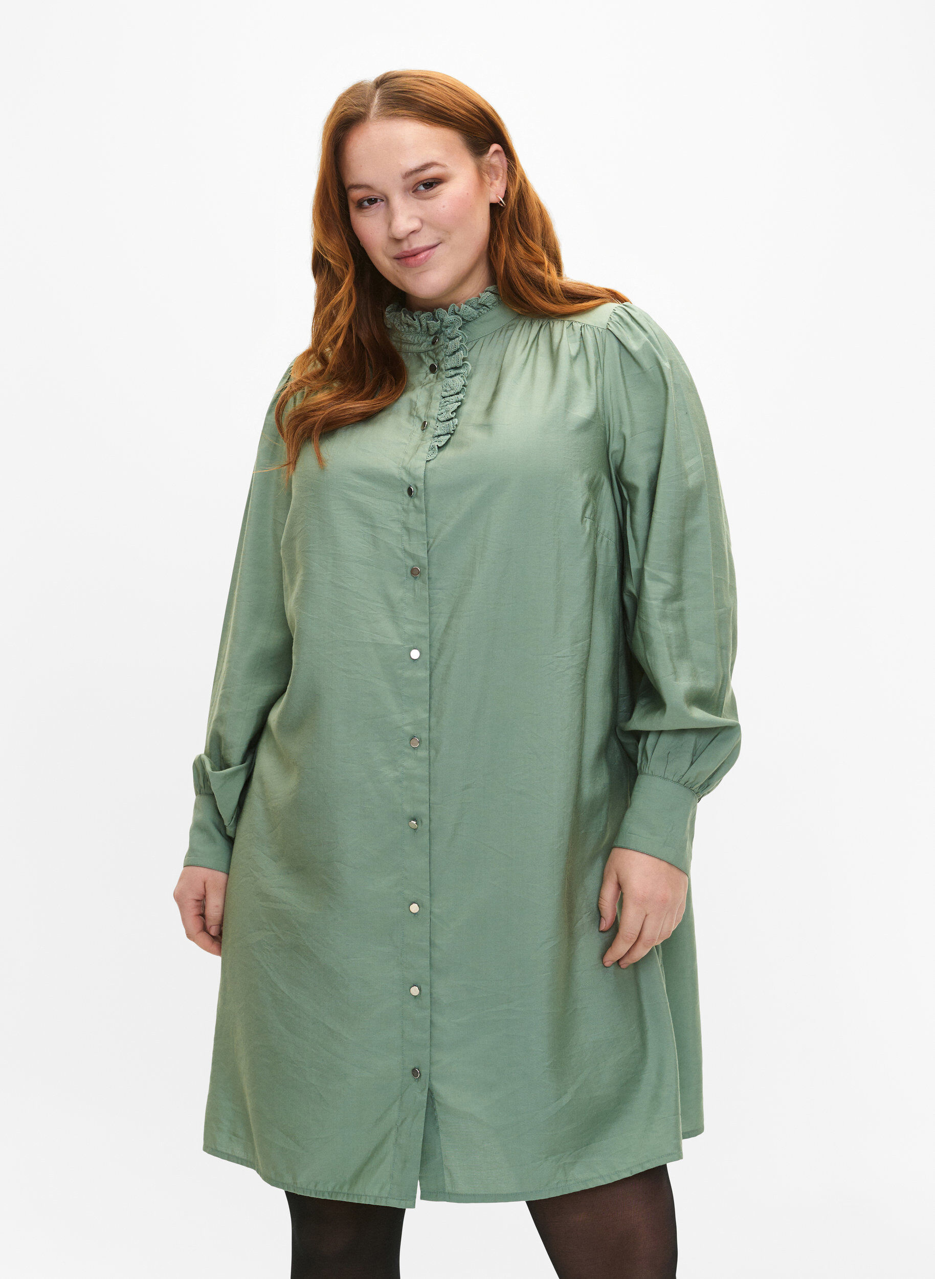 Zizzifashion Viscose shirt dress with ruffles, Green, Model image number 0