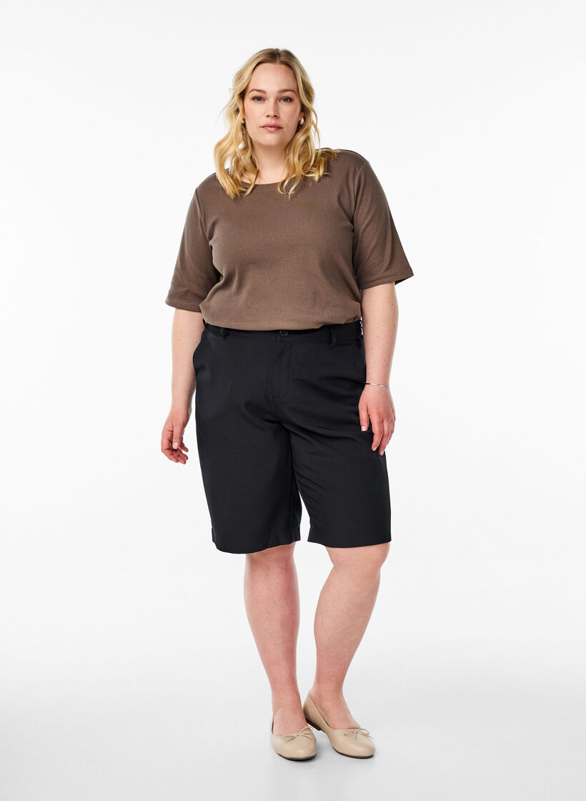 Ribbed jersey blouse with short sleeves, Brown, Model image number 1