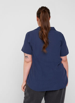 Short-sleeved cotton blouse with v-neck and collar, Mood Indigo, Model image number 1