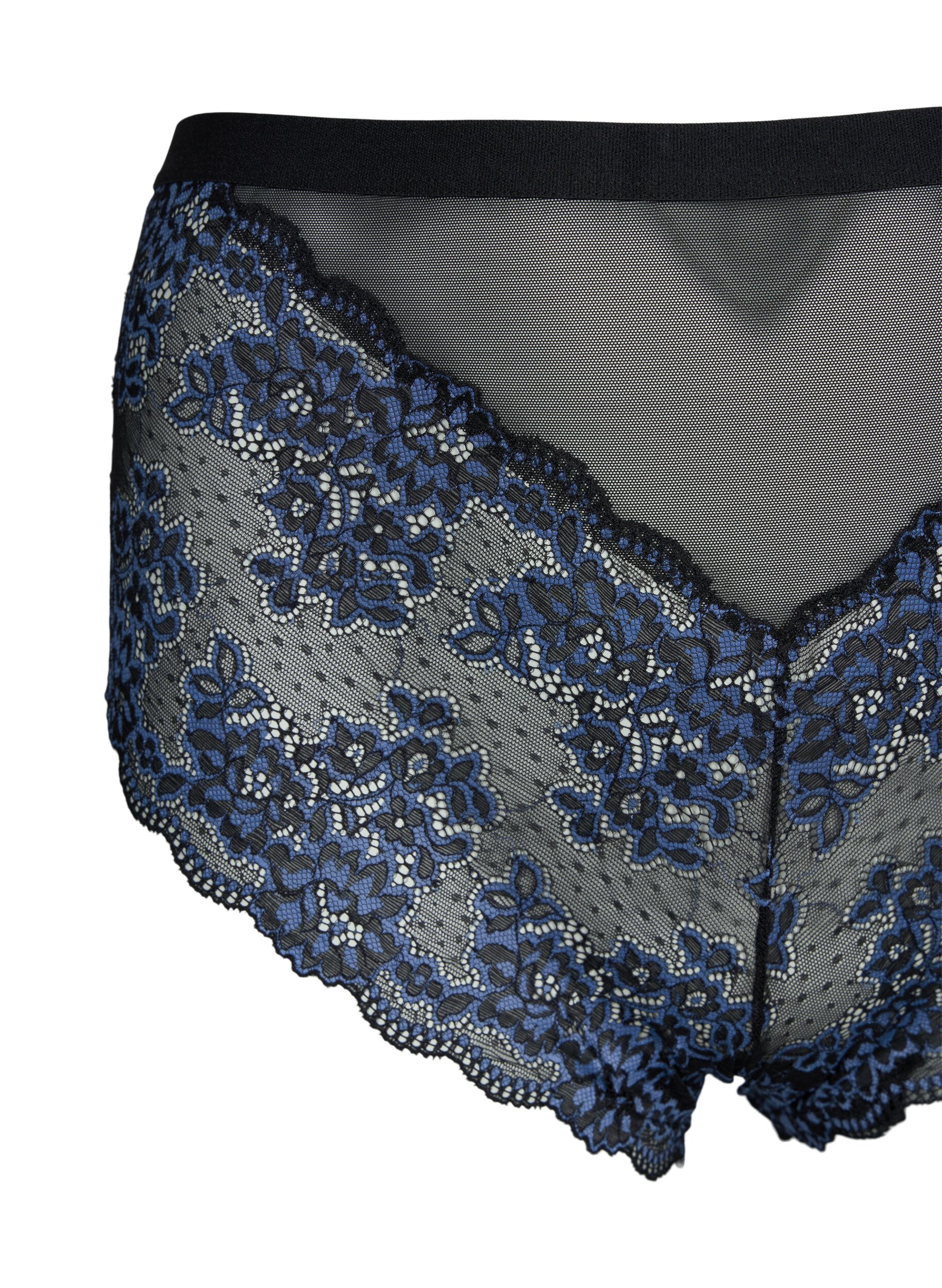 Zizzifashion Lace knickers with high waist, Black w. blue lace, Packshot image number 2
