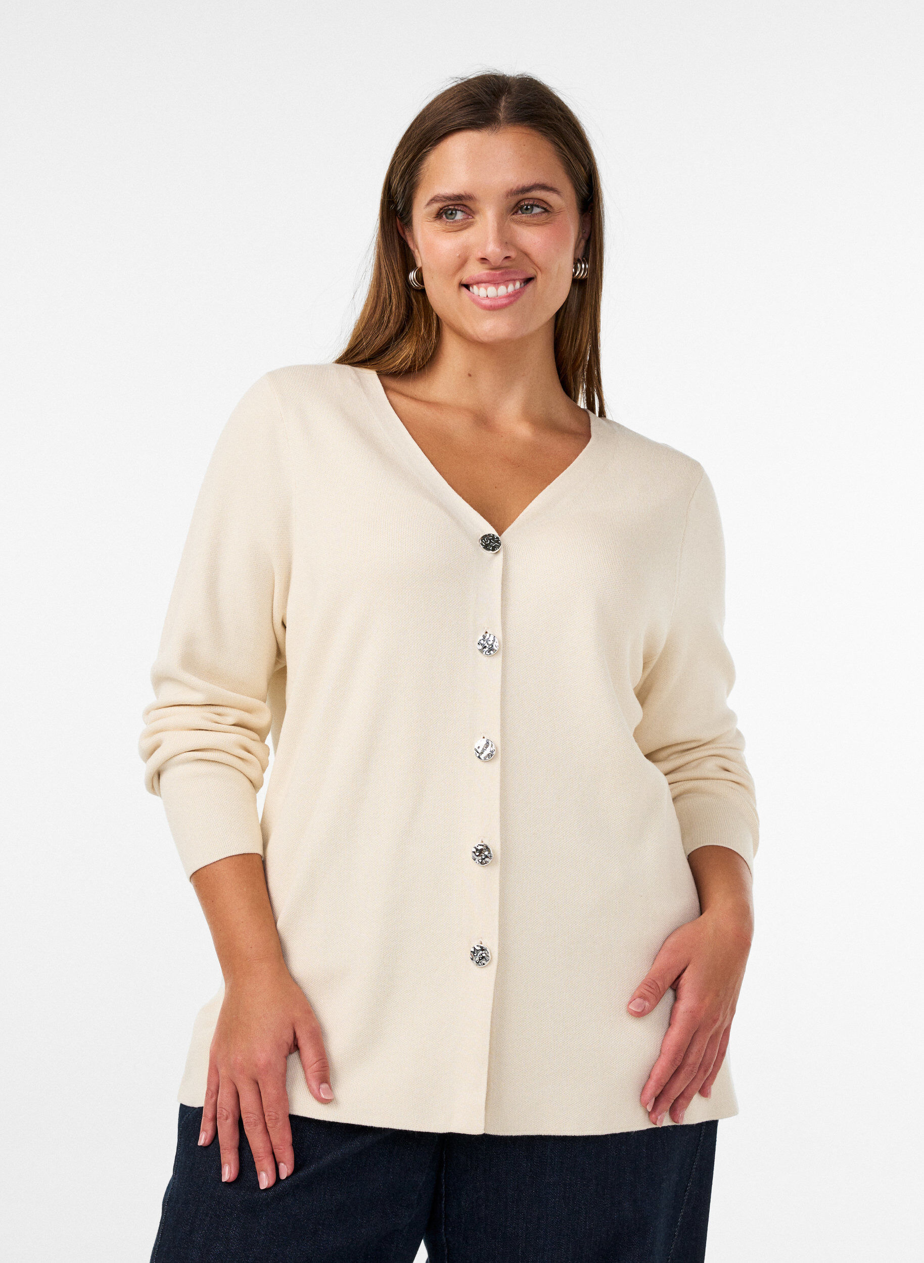 ZizzifashionFine-knit cardigan with decorative buttons, Vanilla, Model image number 0