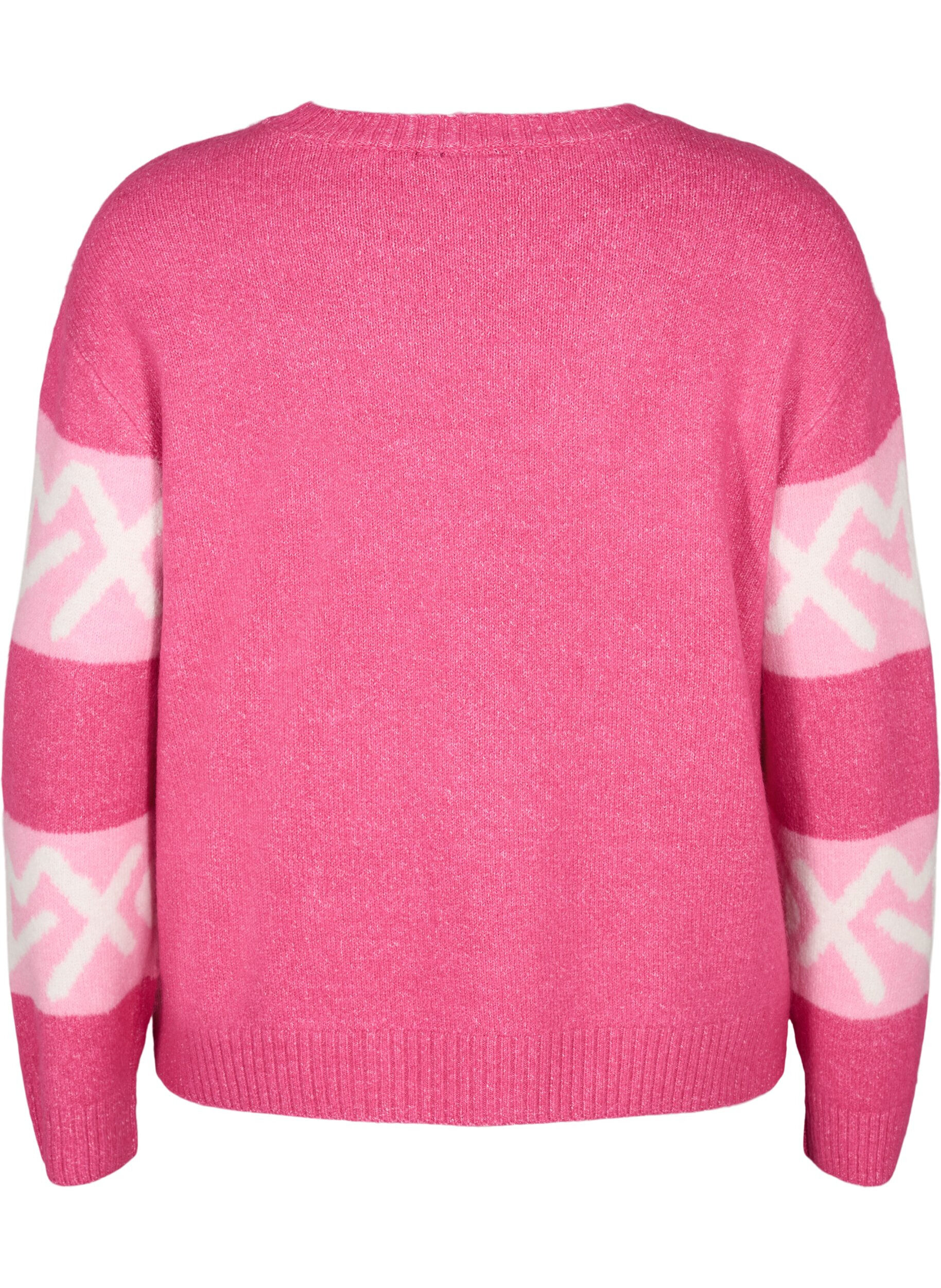 Zizzifashion Striped knit sweater with graphic pattern, Raspberry Rose Comb, Packshot image number 1