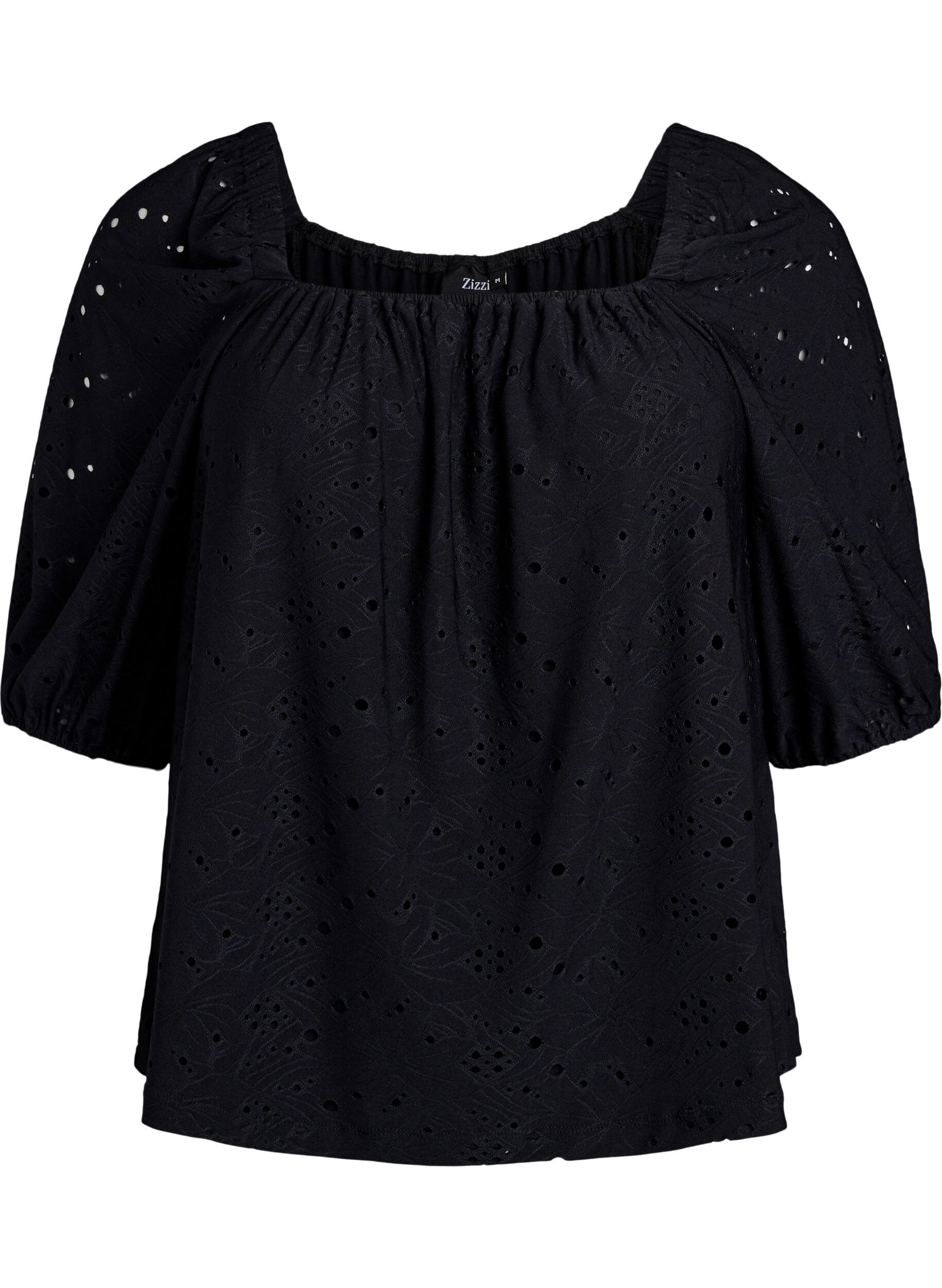 Zizzifashion Blouse with short puff sleeves and an openwork pattern, Black, Packshot image number 0