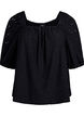 Blouse with short puff sleeves and an openwork pattern, Black, Packshot image number 0